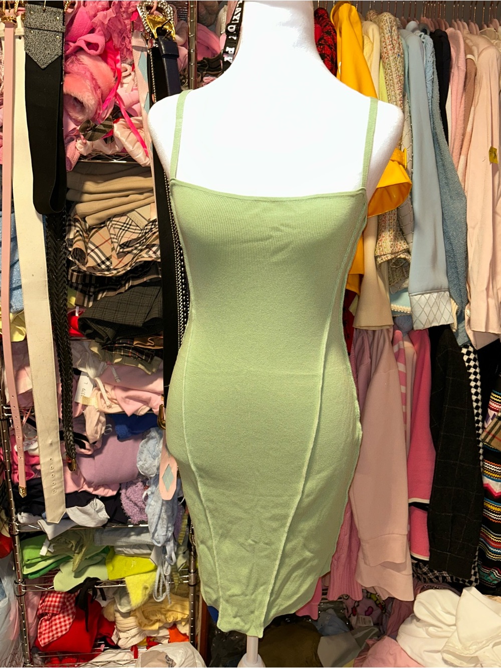 Slim Square-Neck Midi Dress in Light Green